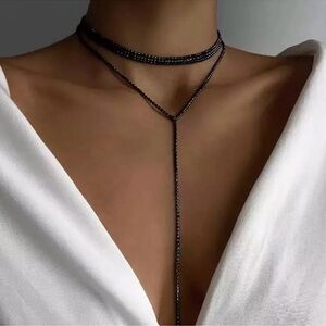 Black Rhinestone Long Tassel Choker Necklace